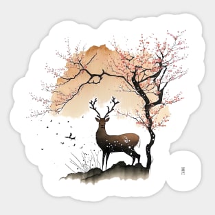 Sumi-e Style Nara Deer and Sakura Sticker